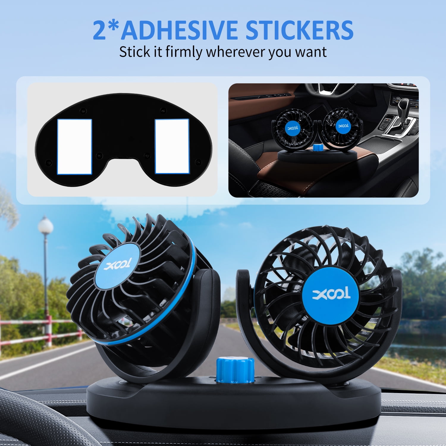 Car Fan for Dashboard, 2 Speeds 360°Rotatable Car Fan , Dual Head Car Cooling Fan with Cigarette Lighter for Vehicles SUV RV