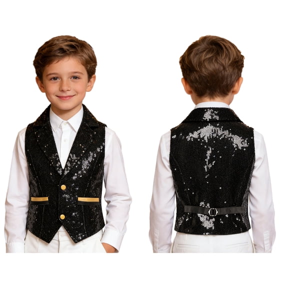 iiniim Sequin Sparkly Vest For Boys Sequin Hip-Hop Jazz Dance Top Party Waistcoat Black 10
