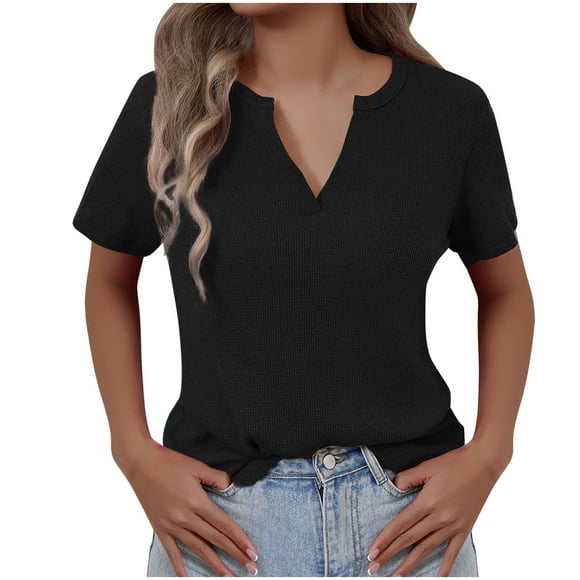 Zpanxa Women's V-Neck Waffle Knit Blouse New Summer Short Sleeve Top Solid Color Casual Comfortable Lightweight Shirt for Women