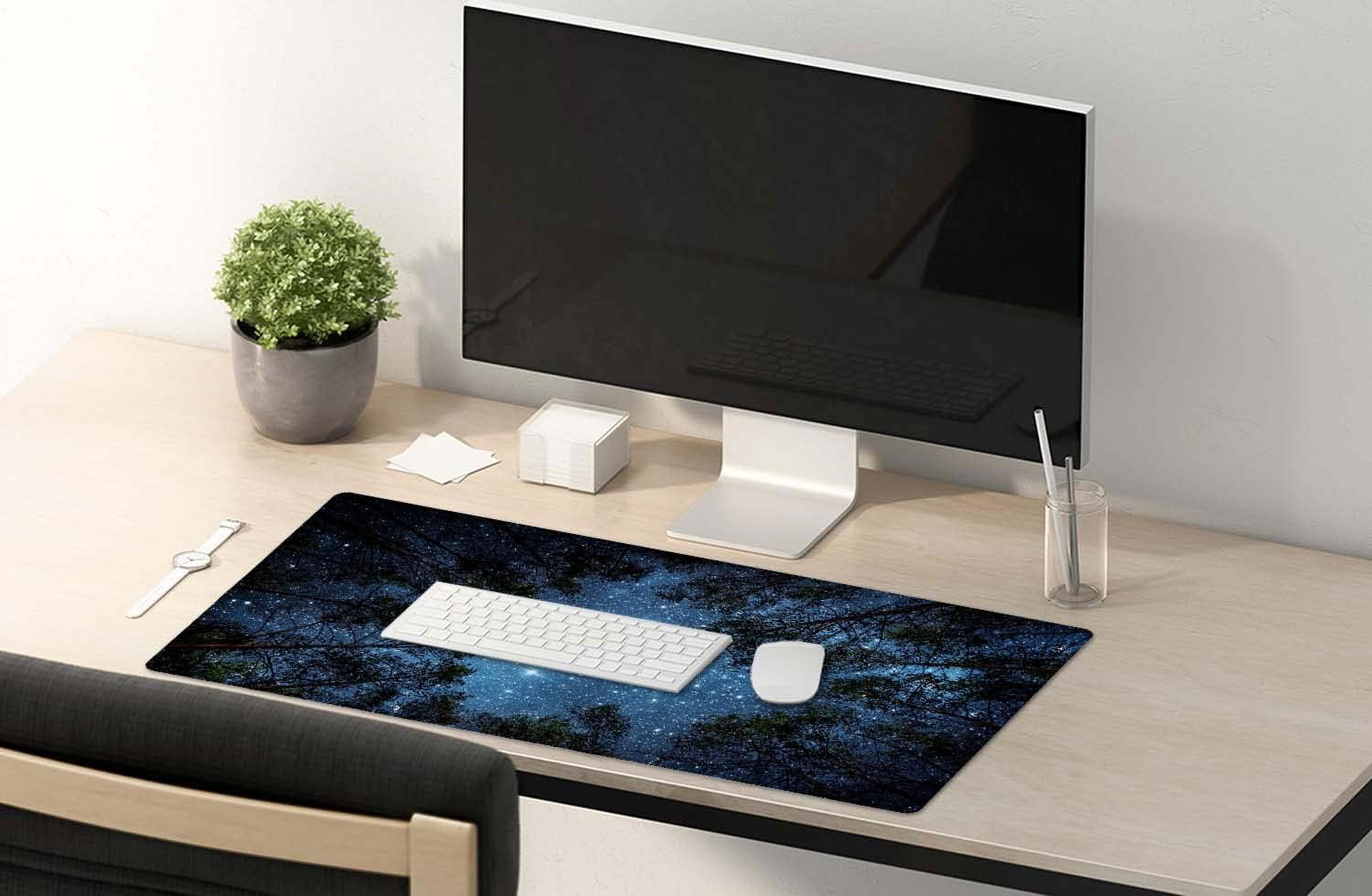 The Milky Way and The Trees Mouse Pad 35.4 x 15.7 Inch XXL Night Sky Full Desk Mousepad Extended Large Non-Slip Rubber Base Waterproof Big Keyboard Mat with Stitched Edges for Gaming and Office
