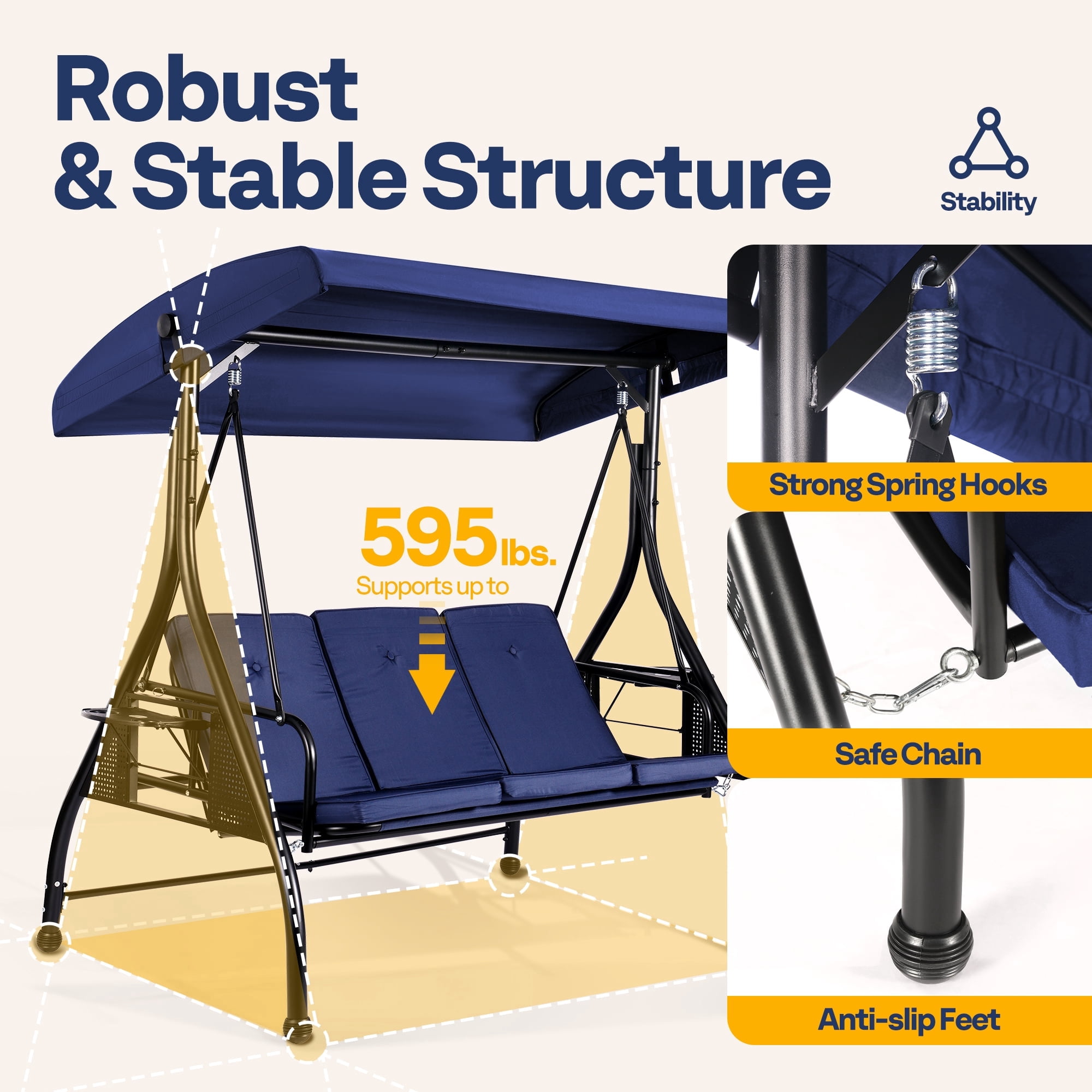SPECSTAR 3 Seats Patio Swing Chair, Outdoor Converting Canopy Swing Chair w/ Removable Cushion,Swing Glider Hammock for Patio, Garden, Navy Blue