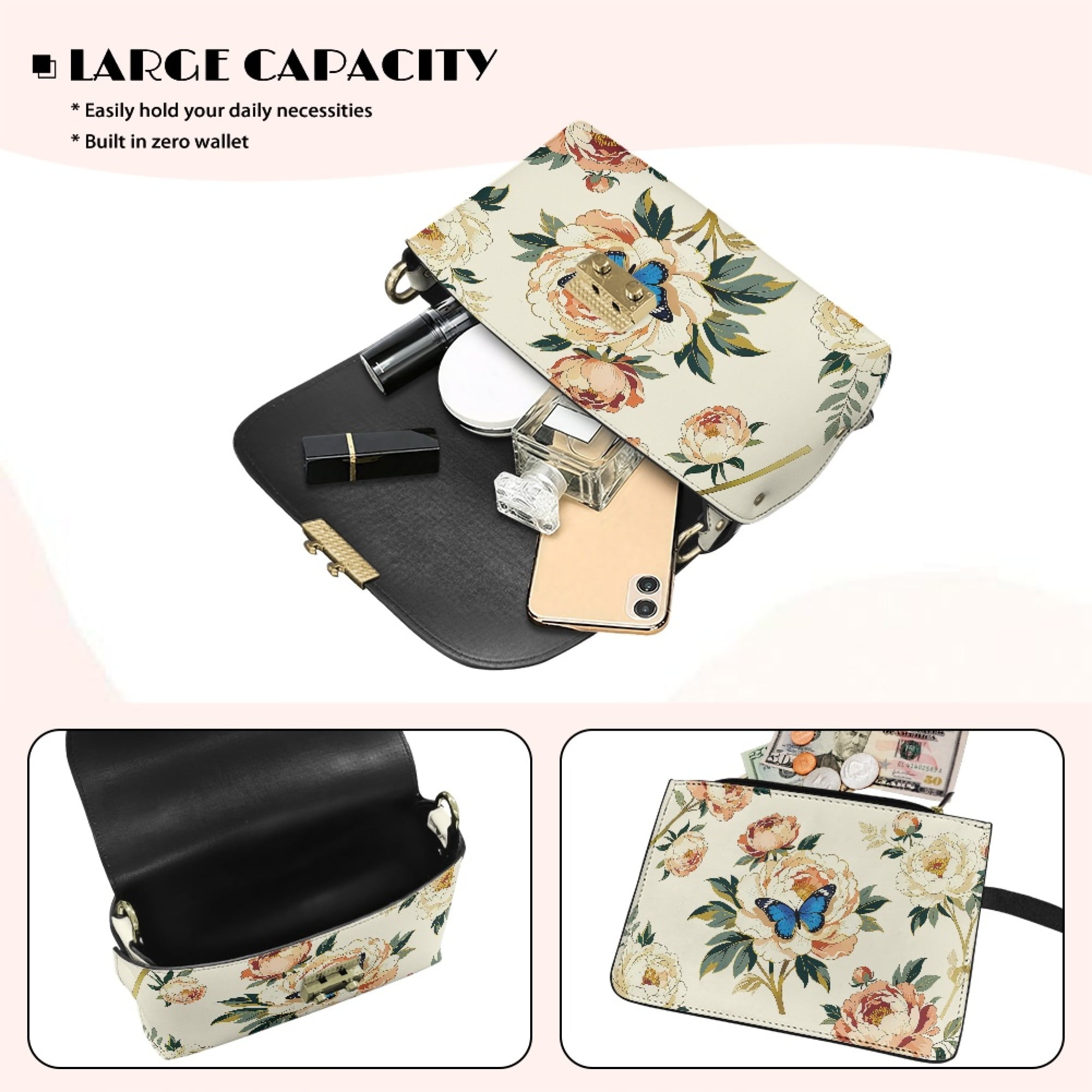 TSOVTHRID Butterfly Peony Flower White Print Small Crossbody Purse for Women Trendy Leather Crossbody Bag Going-out Shoulder Handbags with Detachable Chain Strap