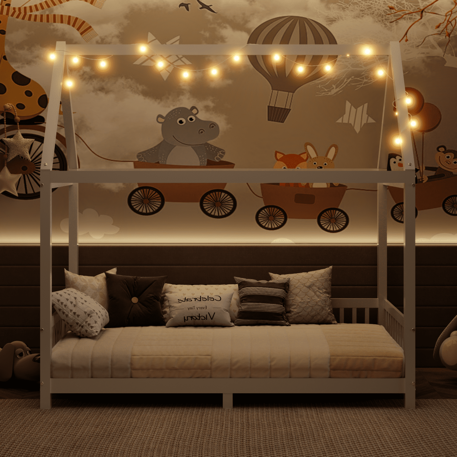 Harper & Bright Designs Wood House Bed Twin Size Floor Bed with Fence, Twin Montessori Bed Frame with LED Light for Girls & Boys, White