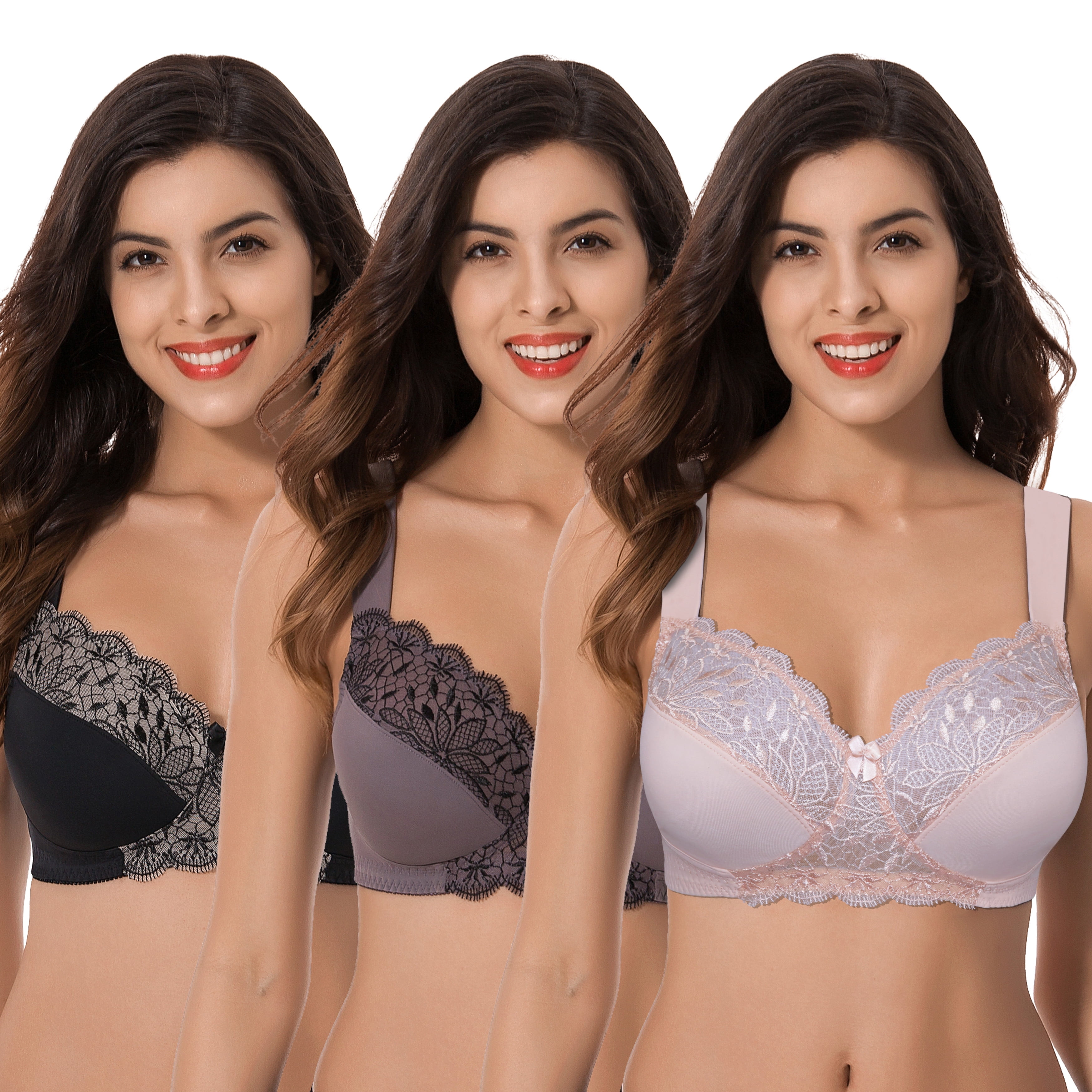 Curve Muse Plus Size Unlined Minimizer Wire Free Bra with Embroidery Lace-3Pack 