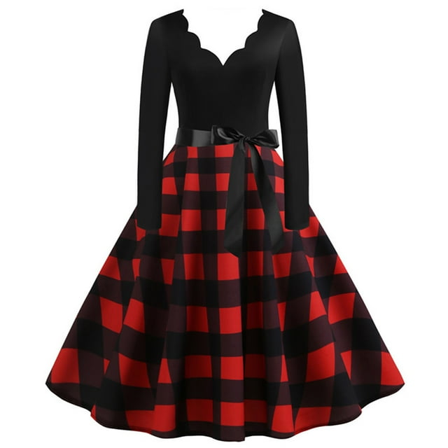 U.Vomade Vente Chaude Robe à Manches Longues pour Femme Vintage Aguichant Noire à Col en V Mode Rock Pin Robe de Fête Ajustée Grande Taille Fête Fête