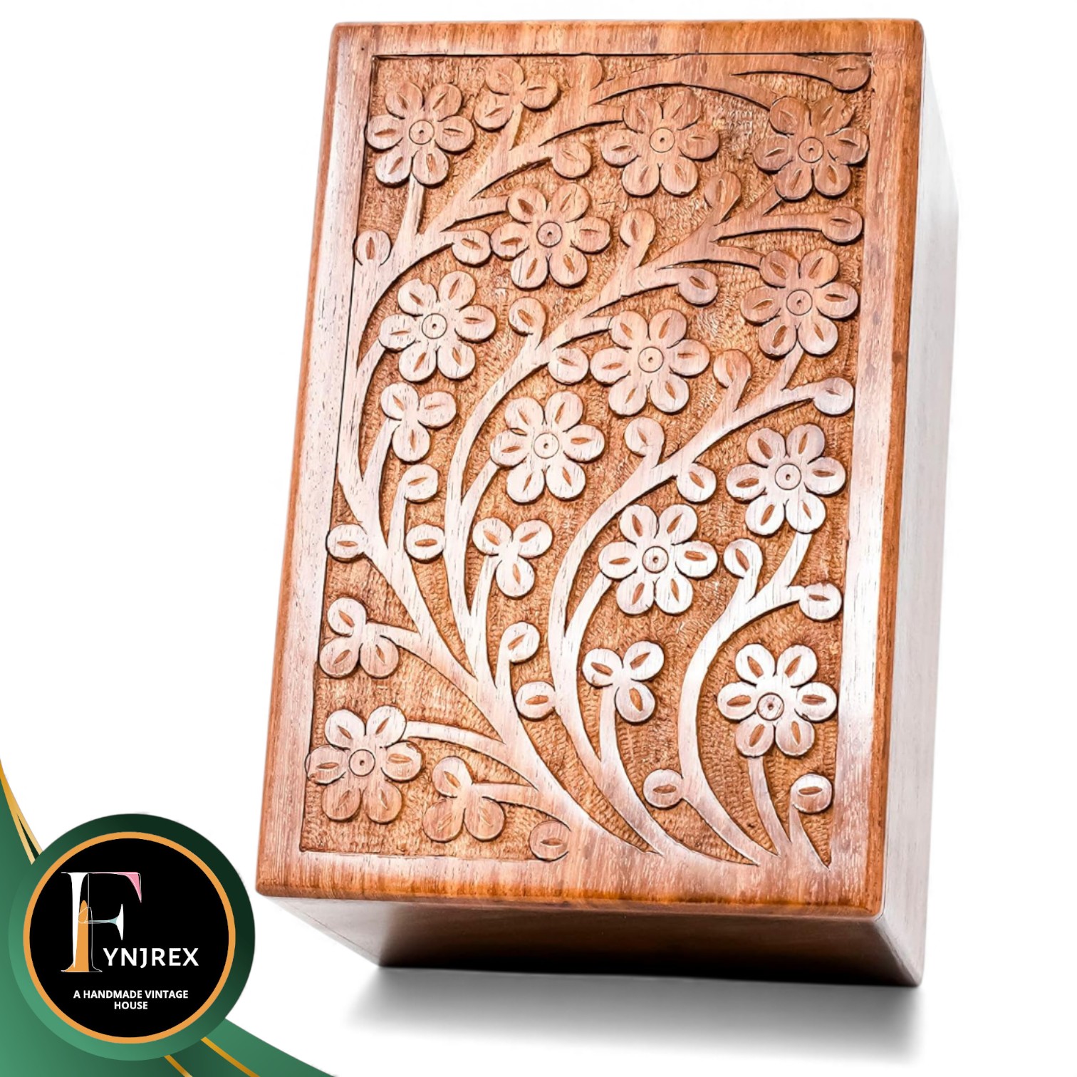 Handcrafted Wooden Cremation Urn for Human Ashes – Large Rosewood Memorial Box with Floral Carving, Keepsake Funeral Urn for Men and Women