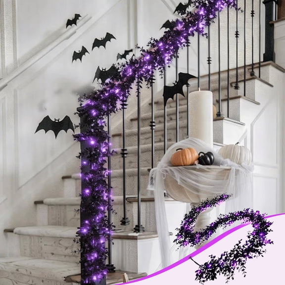71in Halloween Black Eucalyptus Leaf Garland with Purple LED Lights, Artificial Foliage Vine String Light, Spooky Floral Decor for Home Wall, Mantel, Door and Halloween Party Decoration, Black