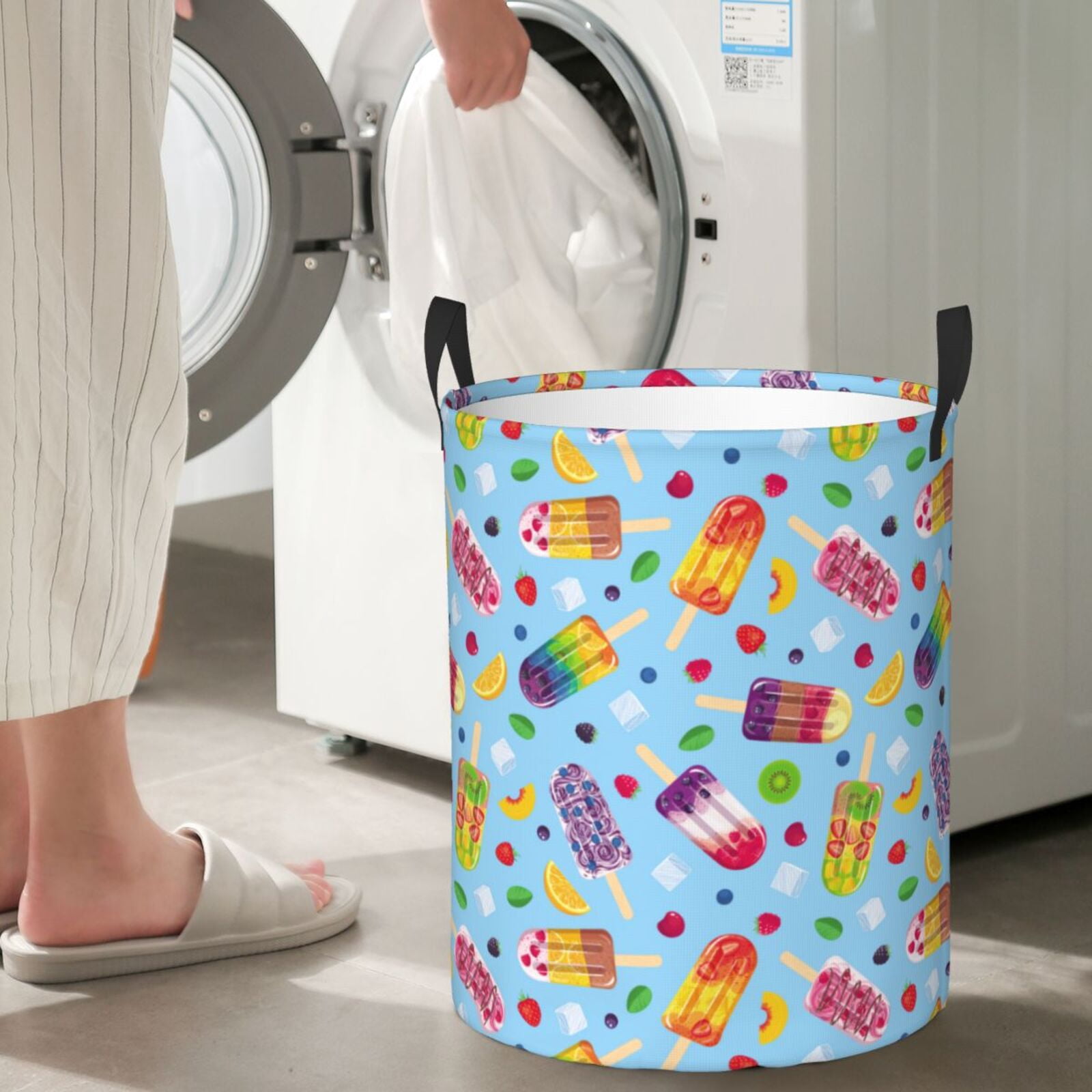 Large Laundry Basket with Handles - Cool Summer Ice Cream Print Kids Baby Dirty Clothes Laundry Hamper for Bedroom Aesthetic