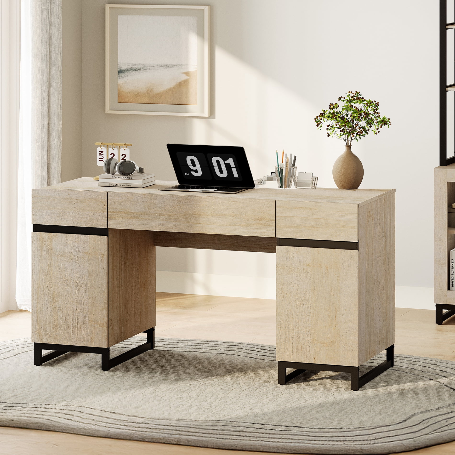 WAMPAT Home Office Set: 59" Modern Desk with Charging Station and Storage Cabinet, 72" Tall Bookcases with Adjustable Shelves, Wood Computer Desk and Library Storage Cabinet for Work Study, Beige
