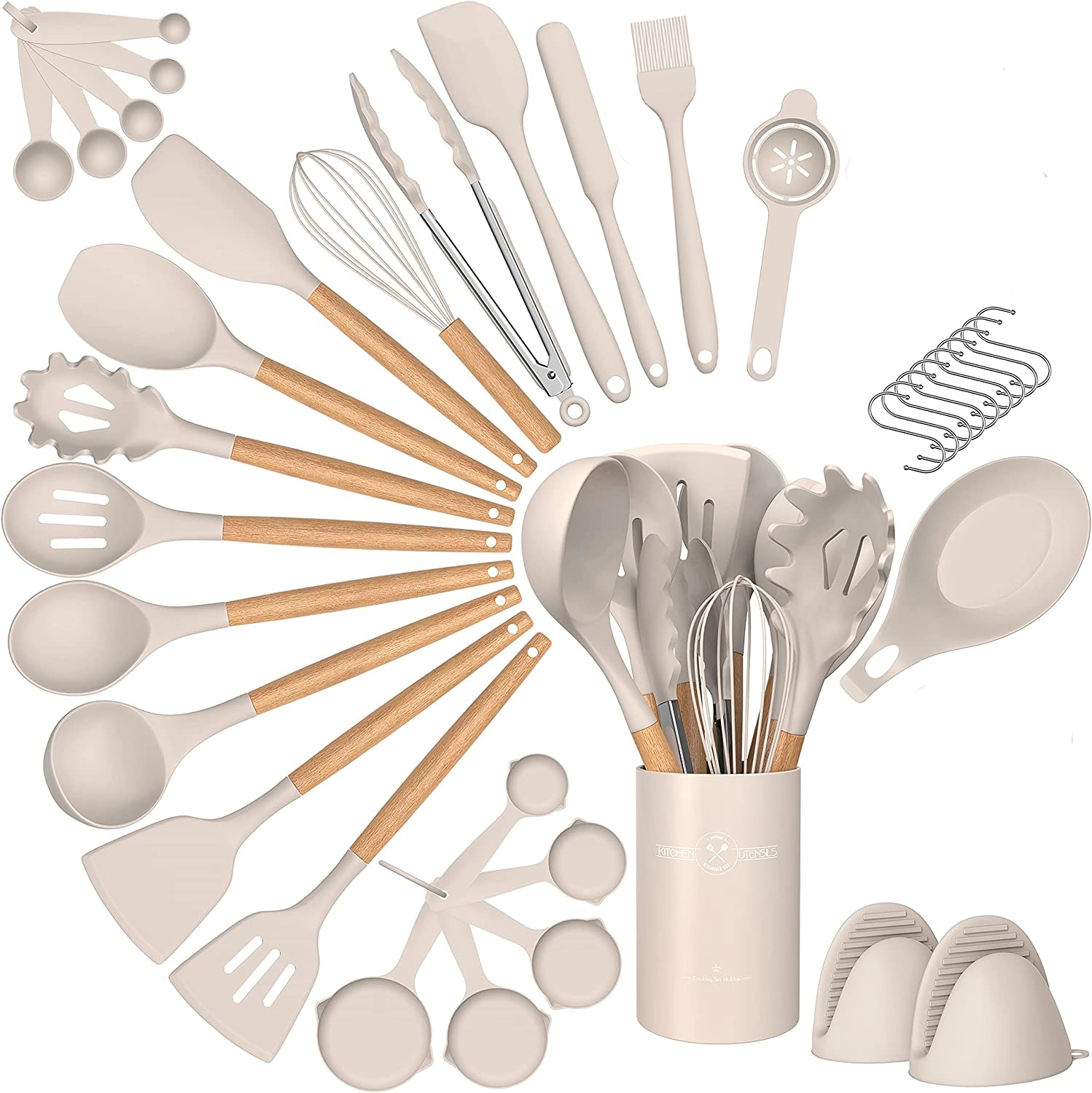 38 Pcs Silicone Cooking Utensils Kitchen Utensil Set - 446°F Heat Resistant,Turner Tongs,Spatula,Spoon,Brush,Whisk. Wooden Handles Khaki Kitchen Gadgets Tools Set for Non-Stick Cookware (BPA Free)