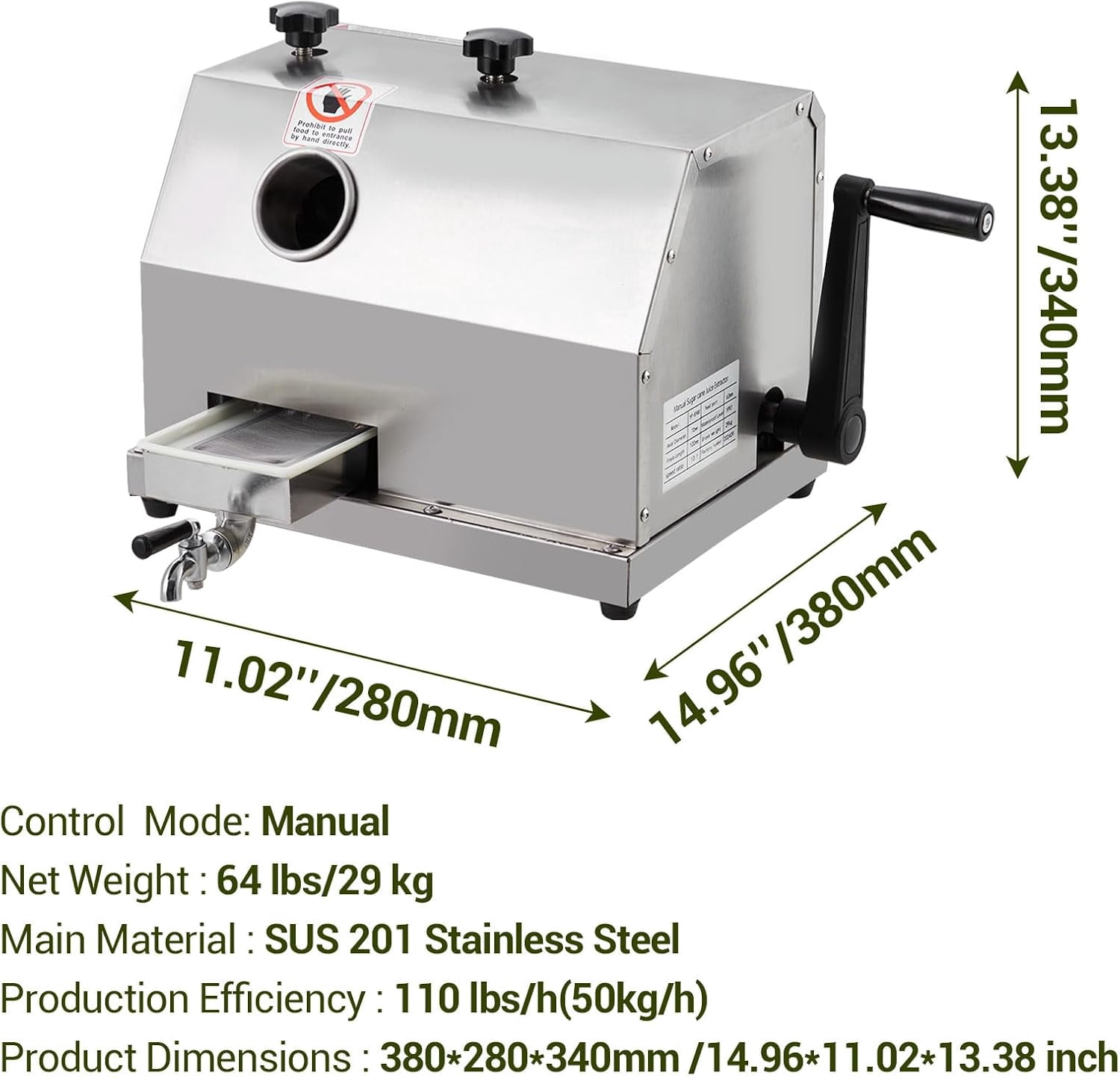 ChaoLink 86 Manual Sugar Cane Juicer Machine, 3 Stainless Steel Rollers, 2.4-Inch Large Feeding Chute, 110LBS/Hour, Portable Design