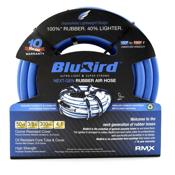 BluBird Rubber Air Hose - 3/8"x 50' with 1/4" MNPT