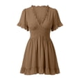 thumbnail image 5 of Uscallm Women Plus Size V Neck Short Sleeve Ruffle Flowy Casual Travel Mini Dresses with Elastic Waist, Brown XL, 5 of 5