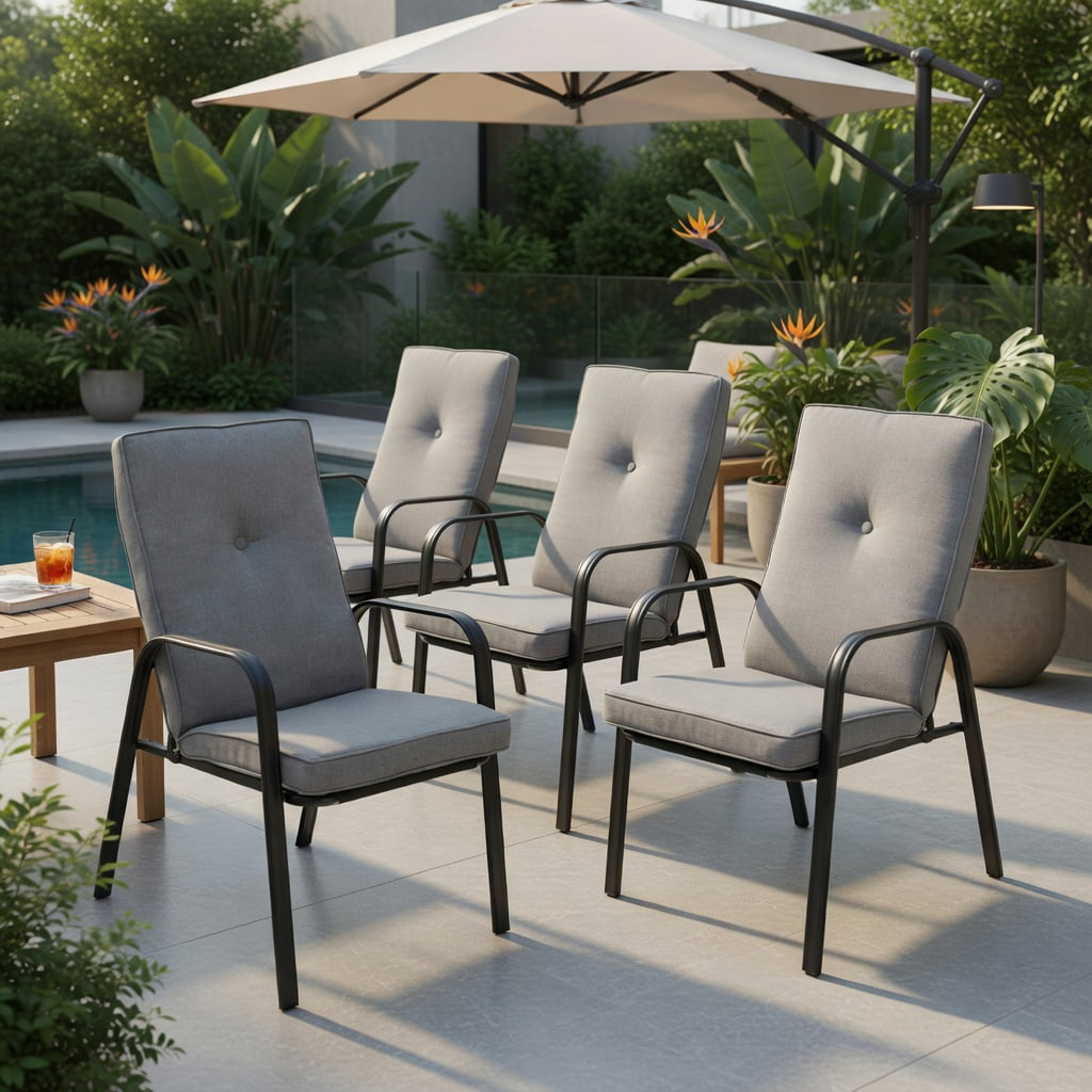 Hommoo 4-Pack Stackable Outdoor Dining Chairs with High-Back Cushions, Heavy-Duty Steel Frame, Rust-Resistant Powder-Coated Finish, Indoor/Outdoor Use, Gray