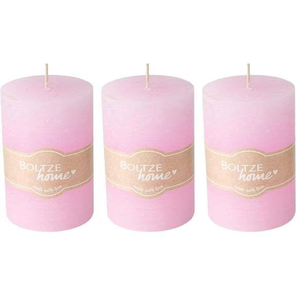 3 Piece Pale Pink Pillar Candle Set, 4 Inches Tall, 45 Hours Burn Time, Unscented, Marbled Surface