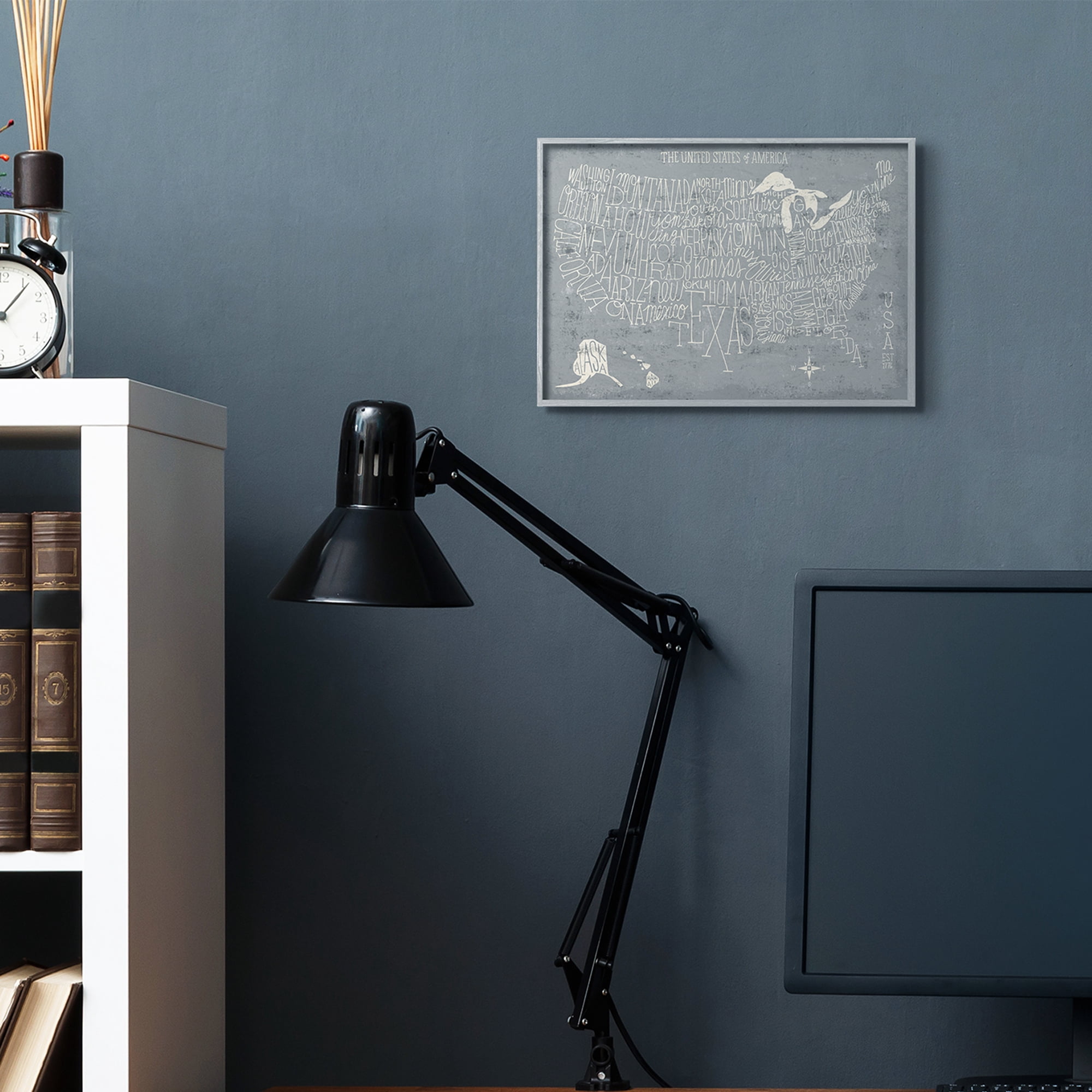Stupell Industries Grey Distressed US Map Playful Typography Gray Framed by Michael Mullan