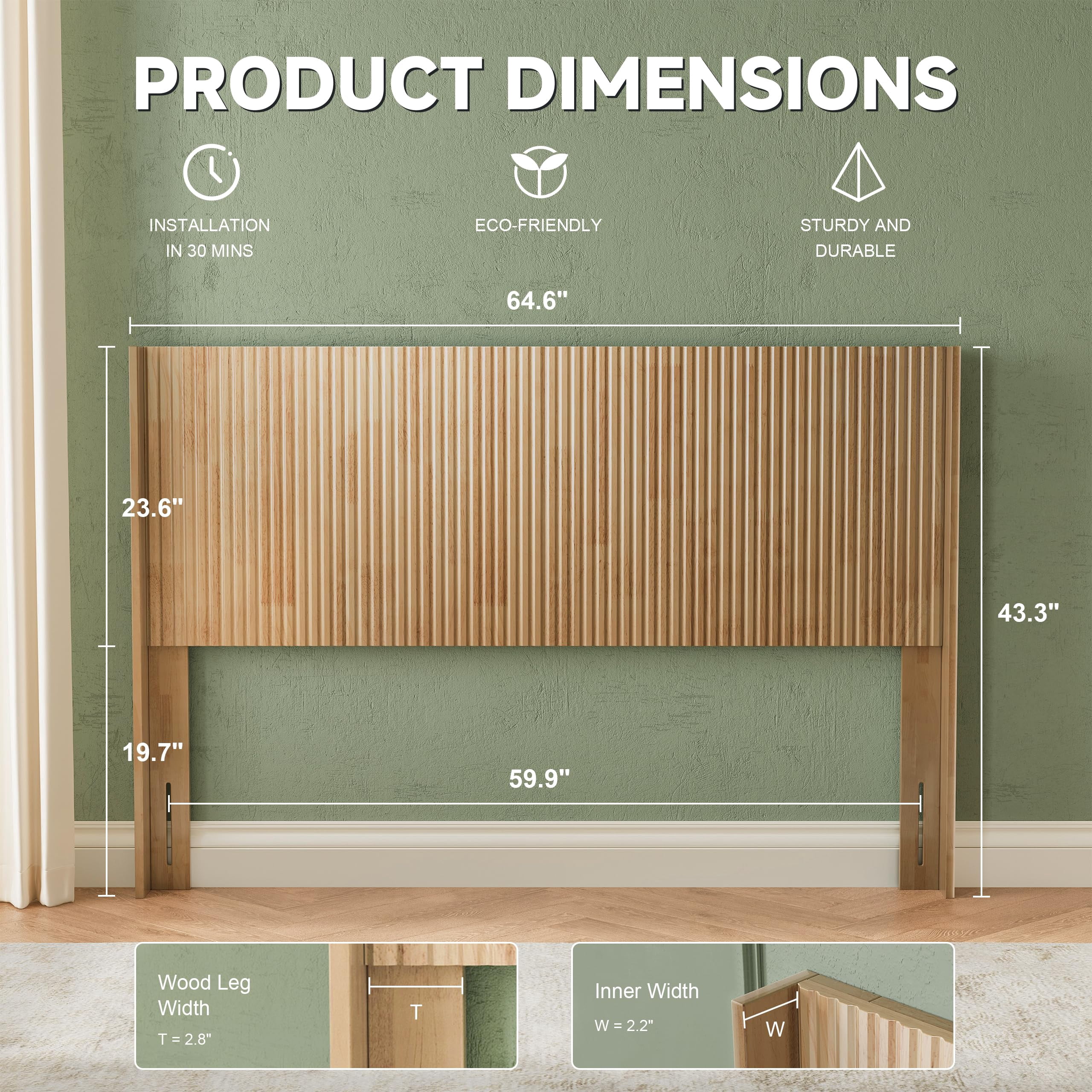 Huatean Home Wood Headboard Queen Size, Modern Farmhouse Wall Mounted Fluted Panel, Wingback Boho Headboards, Natural