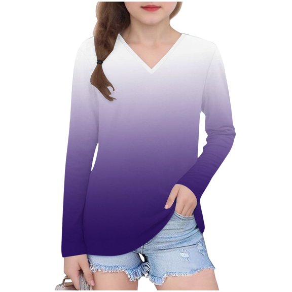 Khunlpohl Kids Long Sleeve Shirts V Neck Casual Trendy Tops Comfortable Tunic Pullover Blouses for Girls 3-14 Years