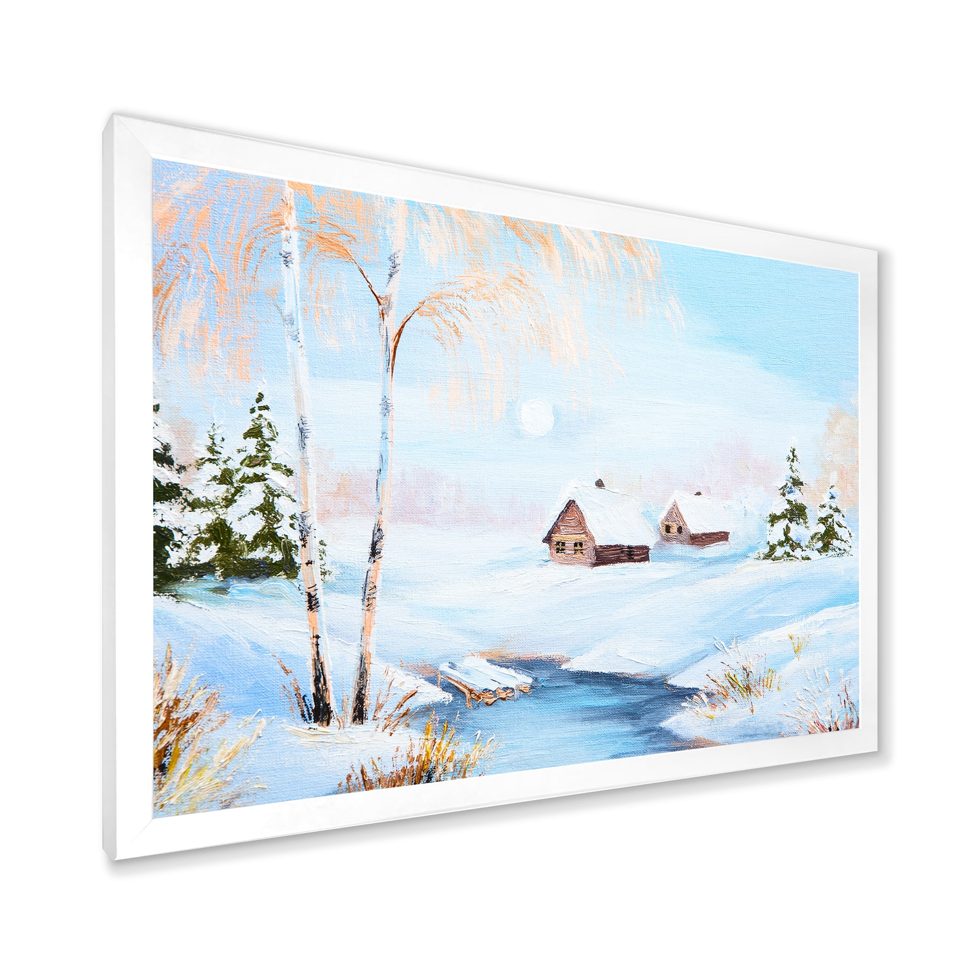 Designart 'Frozen River In The Forest Winter Landscape' Lake House Framed Art Print