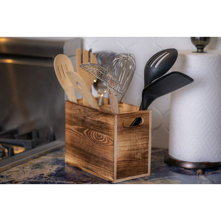 Gray Wood Wall Mounted or Countertop Utensil Holder, Kitchen Crock with 3 Compartments and Crate-Style Design