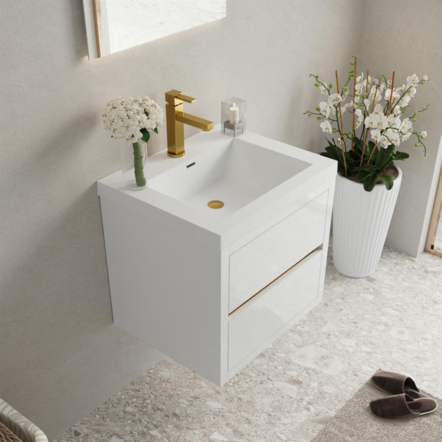 Demi Bonn 23" Wall-Mounted Bathroom Vanity with Sink, Stone Resin Countertop and 2 Soft Close Drawers, Faucets and Drains Not Included, White