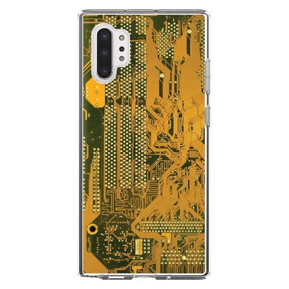 DistinctInk Clear Shockproof Hybrid Case for Galaxy Note 10 PLUS (6.8" Screen) - TPU Bumper, Acrylic Back, Tempered Glass Screen Protector - Yellow Circuit Board Image - Printed Circuit Board Image