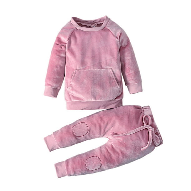 Sudadera Para Niños Pequeños Otoño Invierno Color Sólido Suéter De Manga Larga Pantalones Dos Piezas Ropa Para Niños Rosa Odeerbi LM103-3404