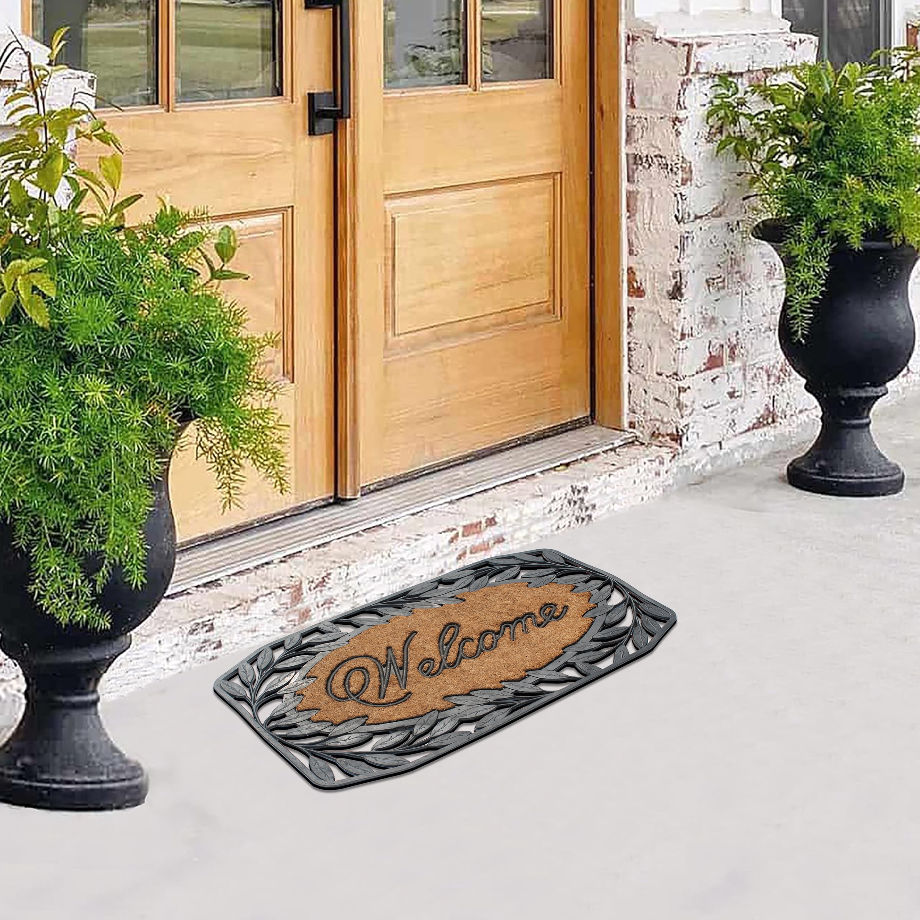 A1 Home Collections 38"×23" Natural Coir & Rubber Doormat - Decorative Welcome Design, Heavy Duty Coconut Fiber Entry Mat with Non-Slip Backing - Anti-Shed Treated, Low Profile Outdoor Front Door Mat