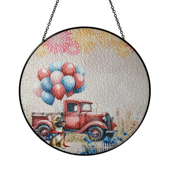 Vintage Patriotic French Bulldog 4th of July Independence Memorial Day Stained Glass Suncatcher Dog Lover Gifts Window Hanging Sign Decor - 01006