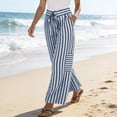 thumbnail image 3 of Textilo Wide Leg Striped Palazzo Pants for Women Drawstring Elastic Waist Pants with Pockets Palazzo Trousers Lightweight Comfy Lounge Summer Beach Boho Clothes,Blue XL, 3 of 5