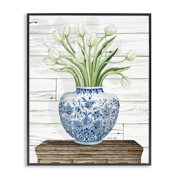 Stupell Industries Farmhouse White Tulips in Blue Vase Black Framed Giclee Art, 11 x 14, by Cindy Jacobs