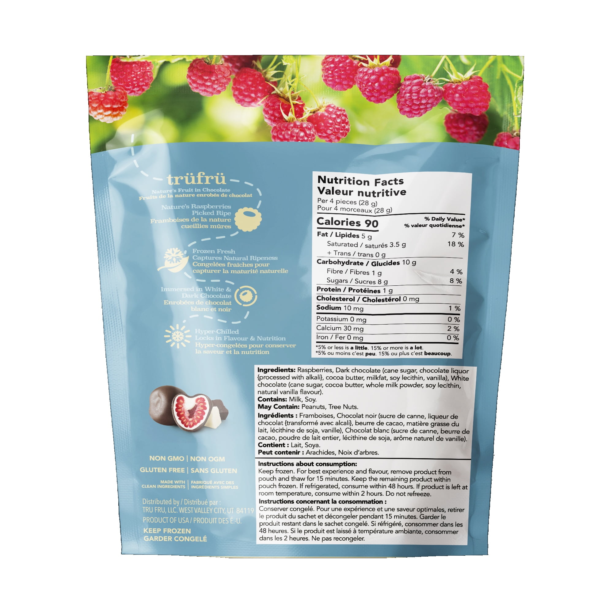 TruFru Frozen Rasperries in White & Dark Chocolate 6oz, TruFru Nature's Raspberries Frozen Fresh in White & Dark Chocolate