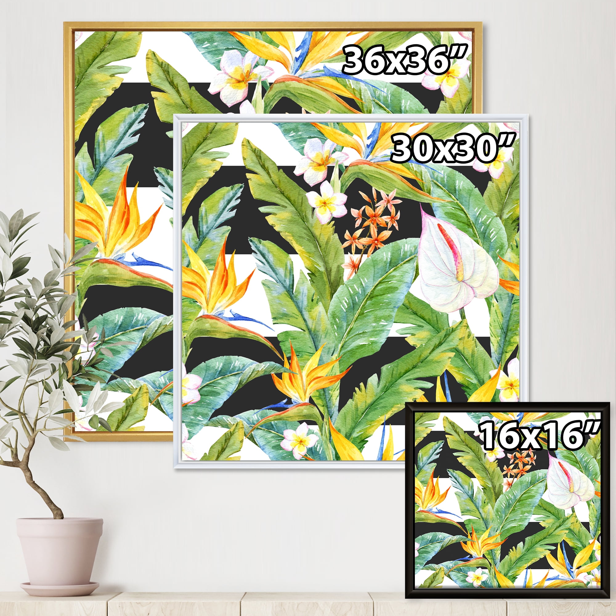 Yellow Flowers and Tropical Foliage IV 16 in x 16 in Framed Painting Canvas Art Print, by Designart