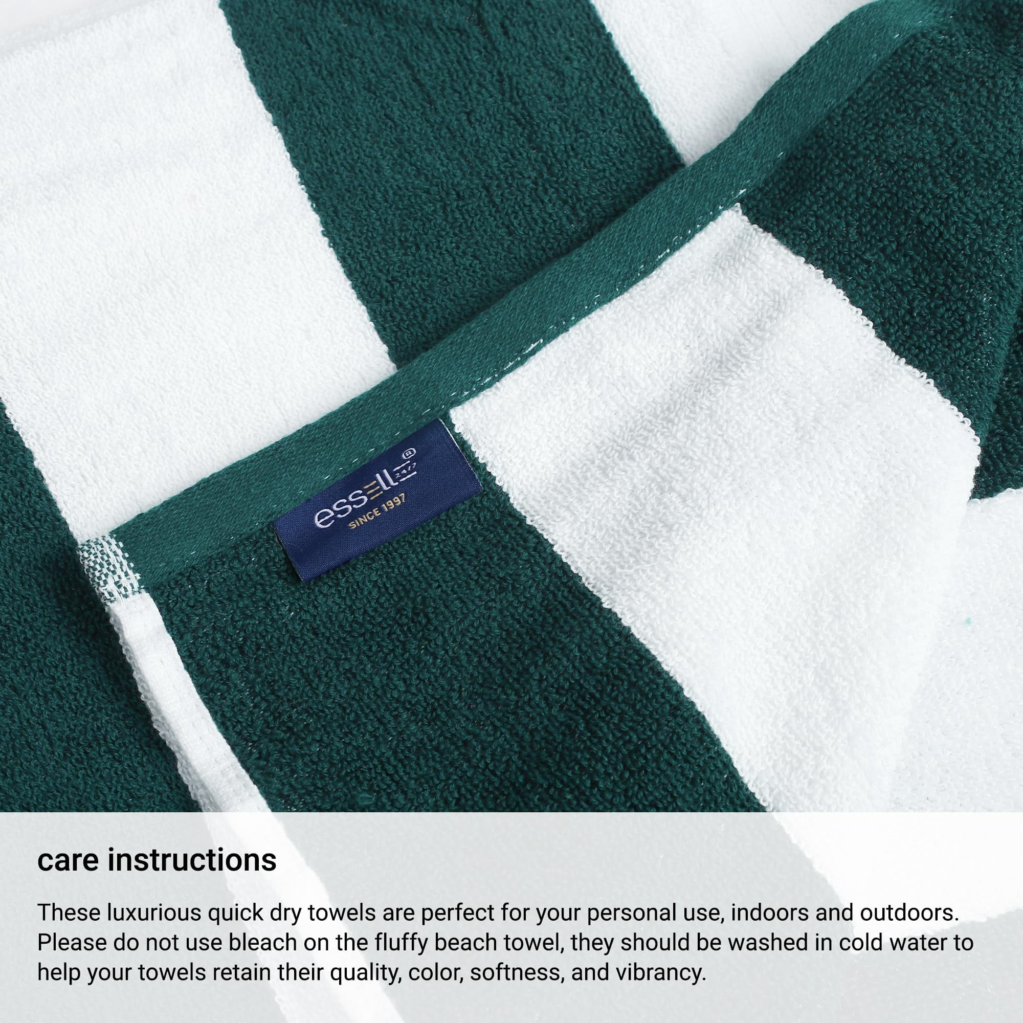 ESSELL 24/7 Cabana Stripe 4 Piece Beach Towel Set, 100% Cotton, Quick Dry, High Absorbent Bath Towel, Perfect for Pool, Travel, Swim, Parties, Guests, Daily Use, Extra Large, (30”X60”) - Hunter Green
