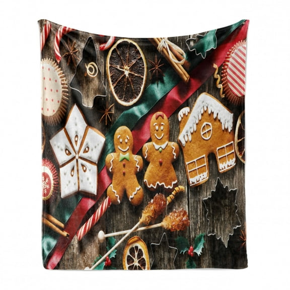 Gingerbread Man Soft Flannel Fleece Throw Blanket, Delicious Homemade Cookies Dried Fruits and Bakery Tools Rustic, Cozy Plush for Indoor and Outdoor Use, 60" x 80", Multicolor, by Ambesonne