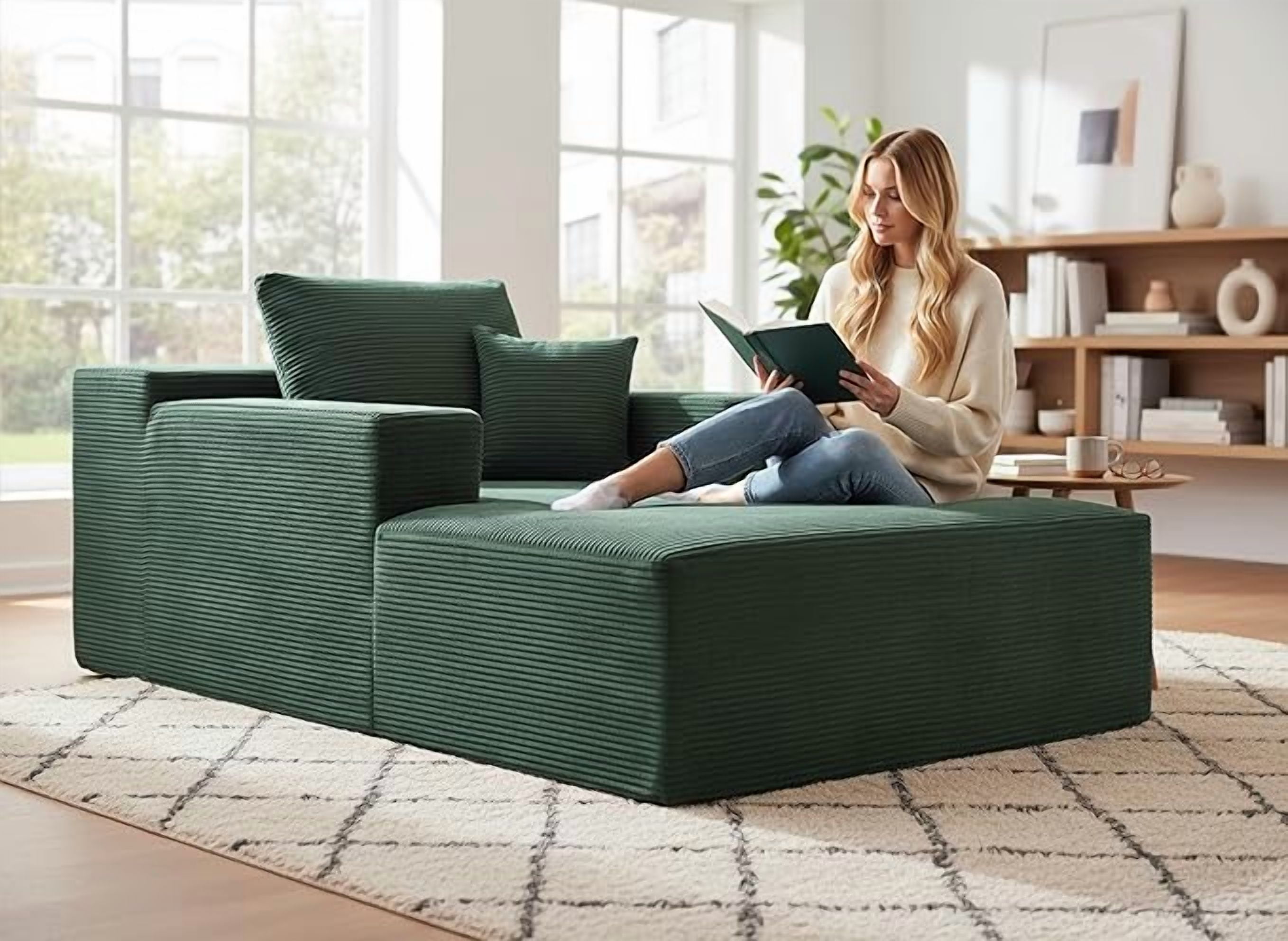 Chaise Lounge Chair Indoor – Oversized Corduroy Couch with Wide Armrest & Throw Pillows, Cozy Boneless Sleeper Sofa Bed Armchair
