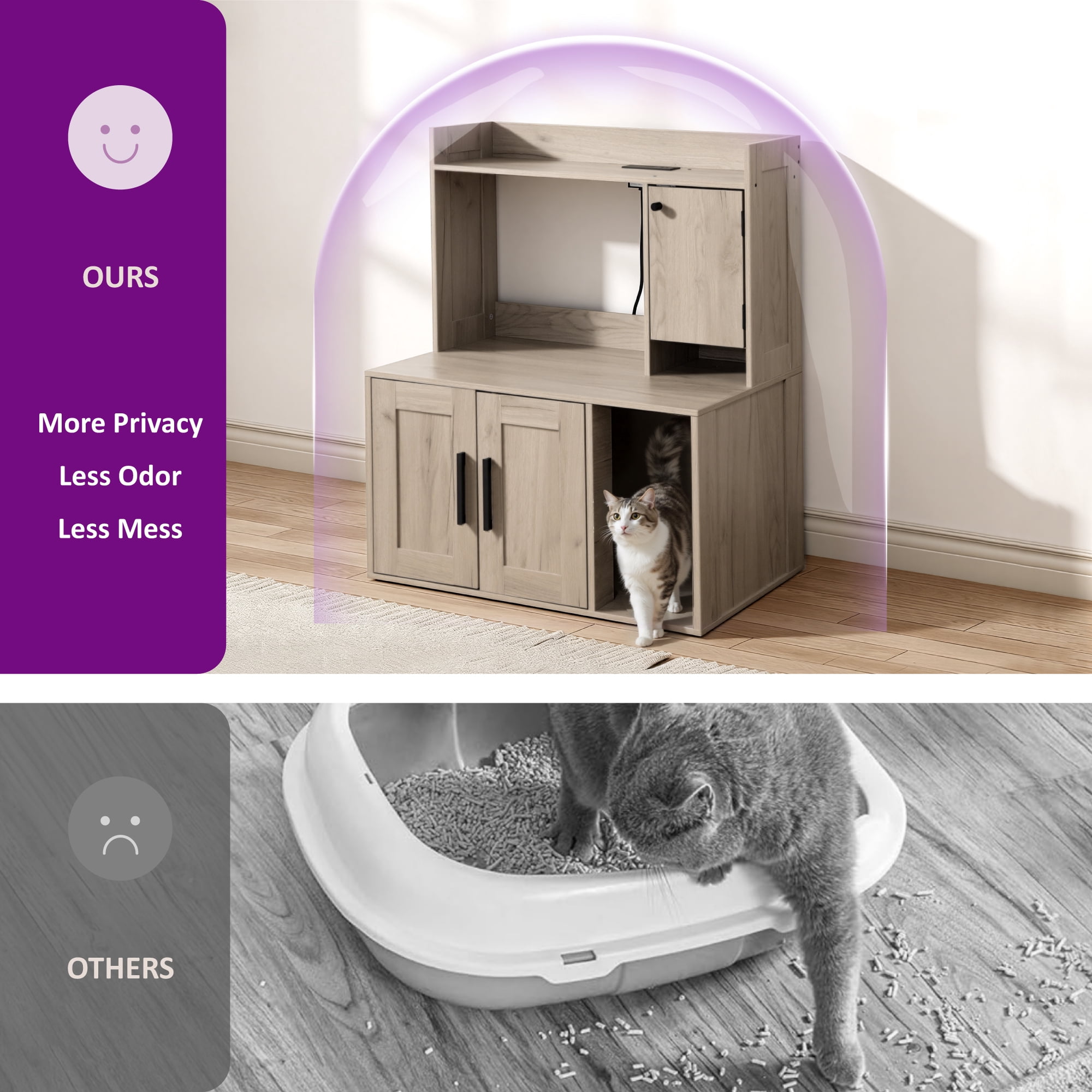 Whifea Hidden Cat Litter Box Enclosure Cabinet with Power Strip, Shelves & Storage, Pet Feeding Station Furniture