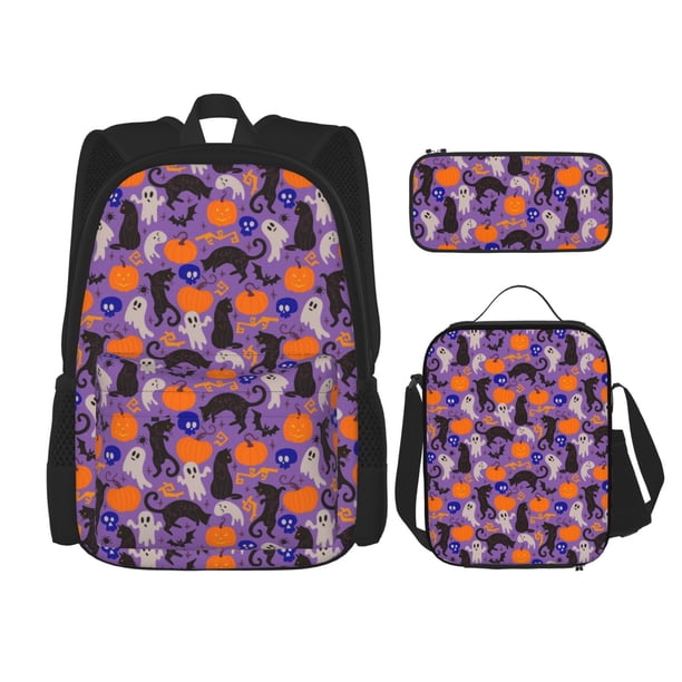 Balery Halloween Black Cats Mochila Escolar 3 en 1 para Niños - Mochila Resistente con Lonchera Térmica y Estuche - Mochila Escolar para Niños y Niñas