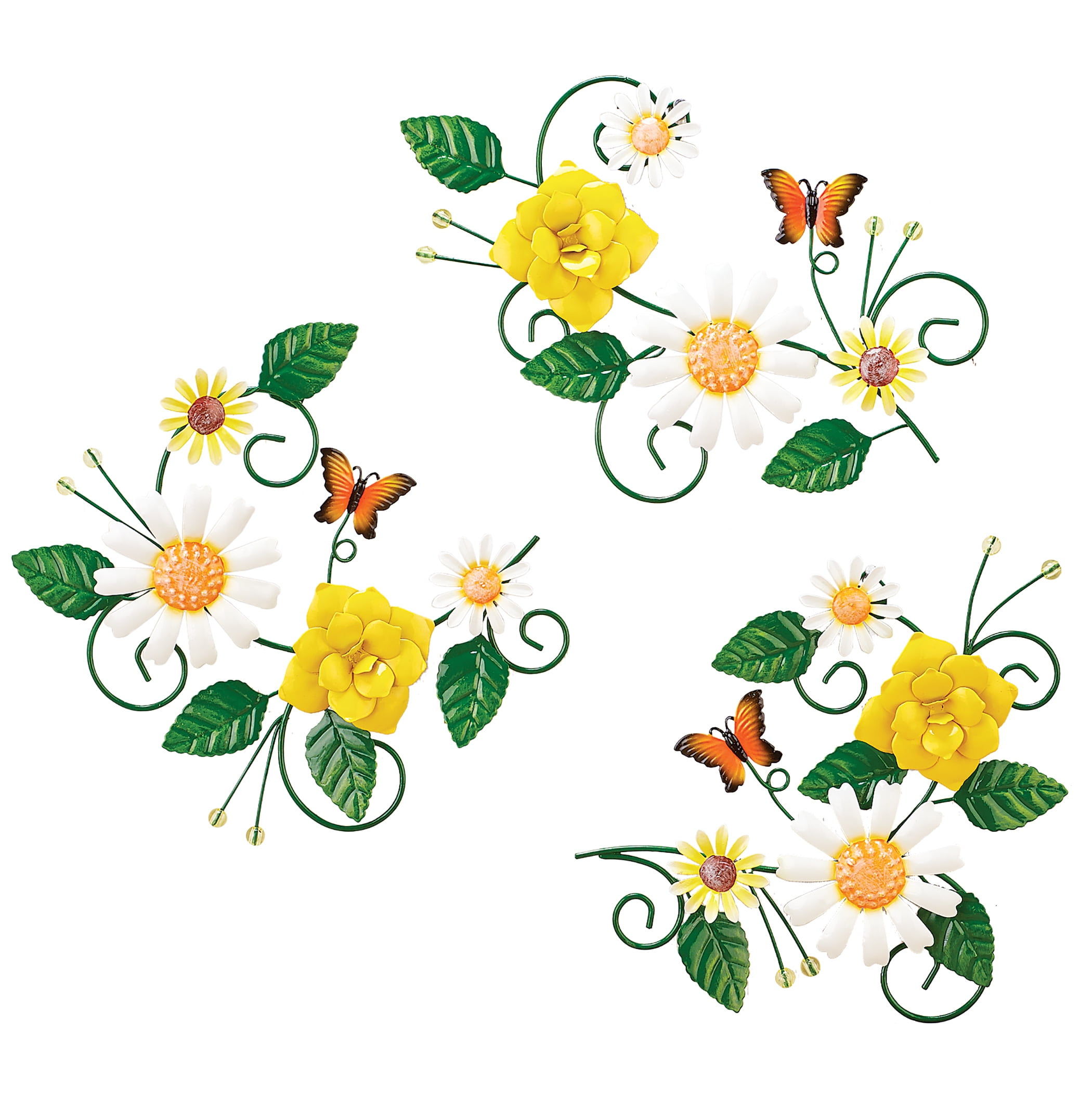 Hanging 3d Floral Wall Accents Trio 3 Piece Set Home Patio Decor White Daisies Yellow Roses Greenery Bright Butterflies Yellow Bead Ends Hooks On Back For Easy