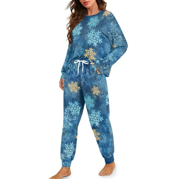 DISNIMO Snowflake Print Women Pajama Sets 2 Piece Pj Sets Long Sleeve Sleepwear with Long Pants Round Neck Loungewear Christmas Nightwear, S