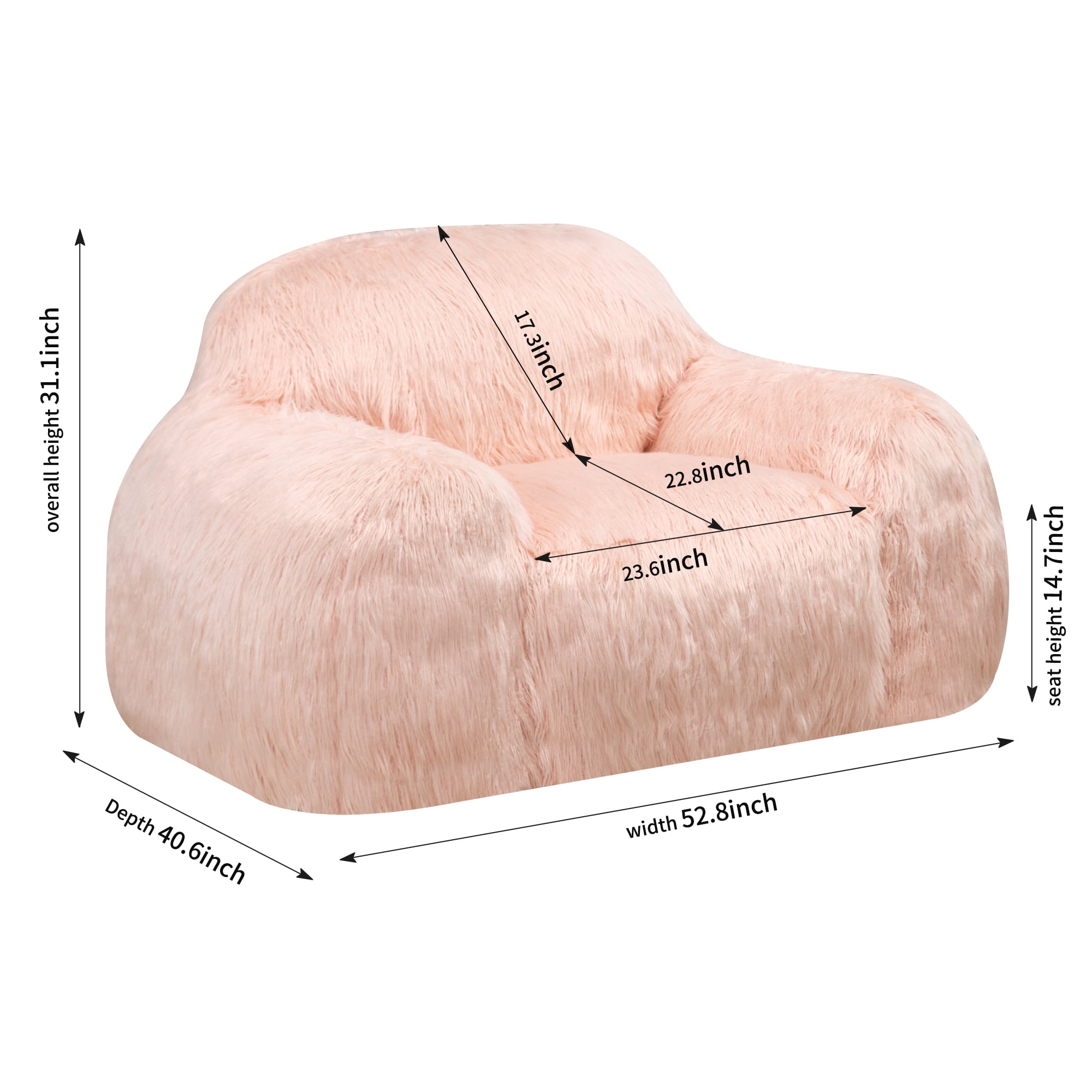 Large Comfy Faux Fur Bean Bag Chair, Modern Soft Fluffy Plush Chair Lazy Sofa with Footrest, Armrests and High Density Foam Padded for Adult, Teen, Pink