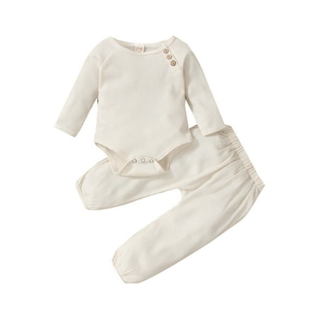 

Sunisery 2Pcs Newborn Baby Boys Girls Clothes Set Solid Round Neck Long Sleeve Romper Tops Long Pants Beige 18-24 Months