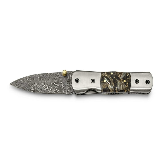 Luxury Giftware Damascus Steel 256 Layer Folding Compressed Bronze-Abalone-Obsidian Handle Knife with Leather Sheath and Wooden Gift Box QKN3217