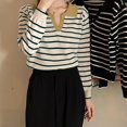 thumbnail image 3 of ZHENHONG V Neck Shirts for Women Long Sleeve, Women's Vintage Striped Long Sleeve Knitted T Shirt In Contrasting Colors Going Out Summer Tops, 3 of 4