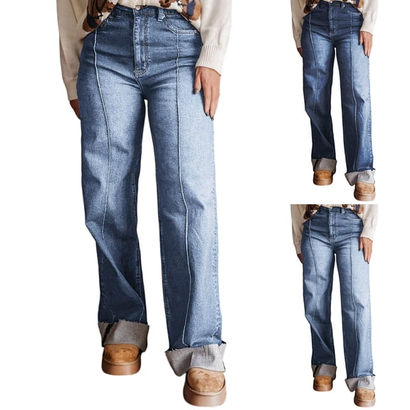 Miqool Women's Wide Leg Jeans High Waist Cuffed Hem Denim Pants Baggy Stretchy Trousers with Pockets