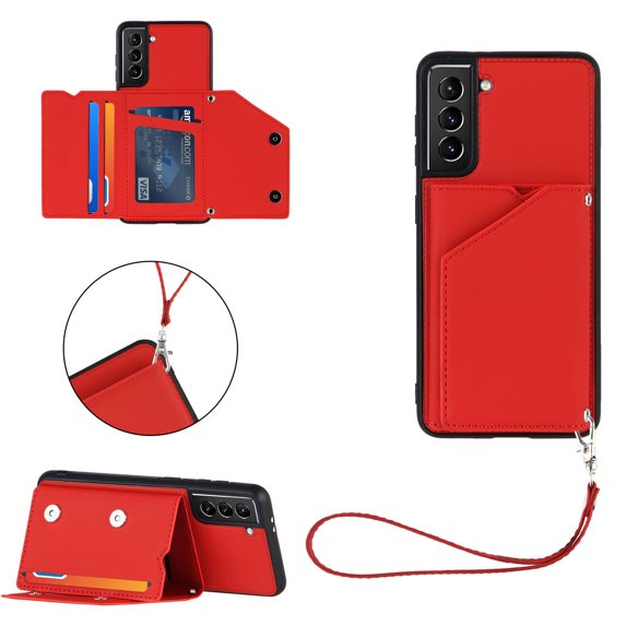 Feishell Fit for Samsung Galaxy S21+ Phone Case with Wrist Strap,Shockproof Premium PU Leather Back Magnetic Buckle Flip Kickstand Credit Card Slots Anti-Scratch Protective Cover,Red