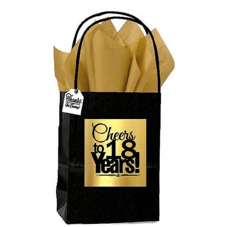 Black & Gold 18th Birthday / Anniversary Cheers Themed Small Party Favor Gift Bags with Tags -12pack