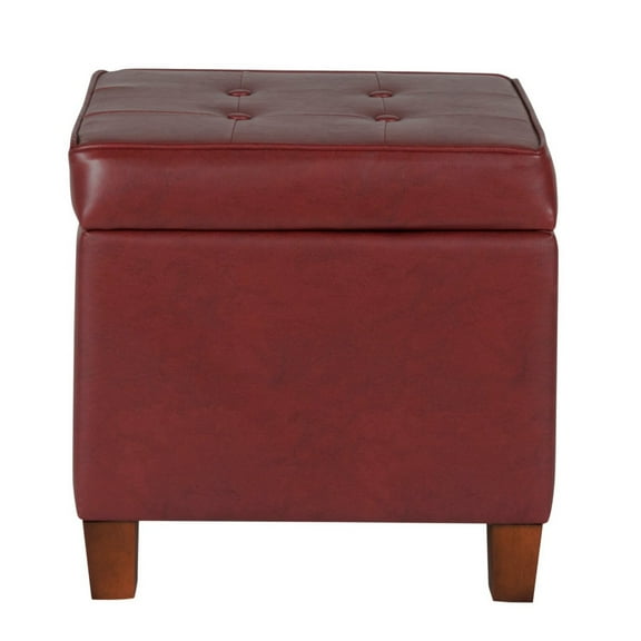 Benzara Square Shape Leatherette Upholstered Wooden Ottoman with Tufted Lift Off Lid Storage, Red-Color:Red
