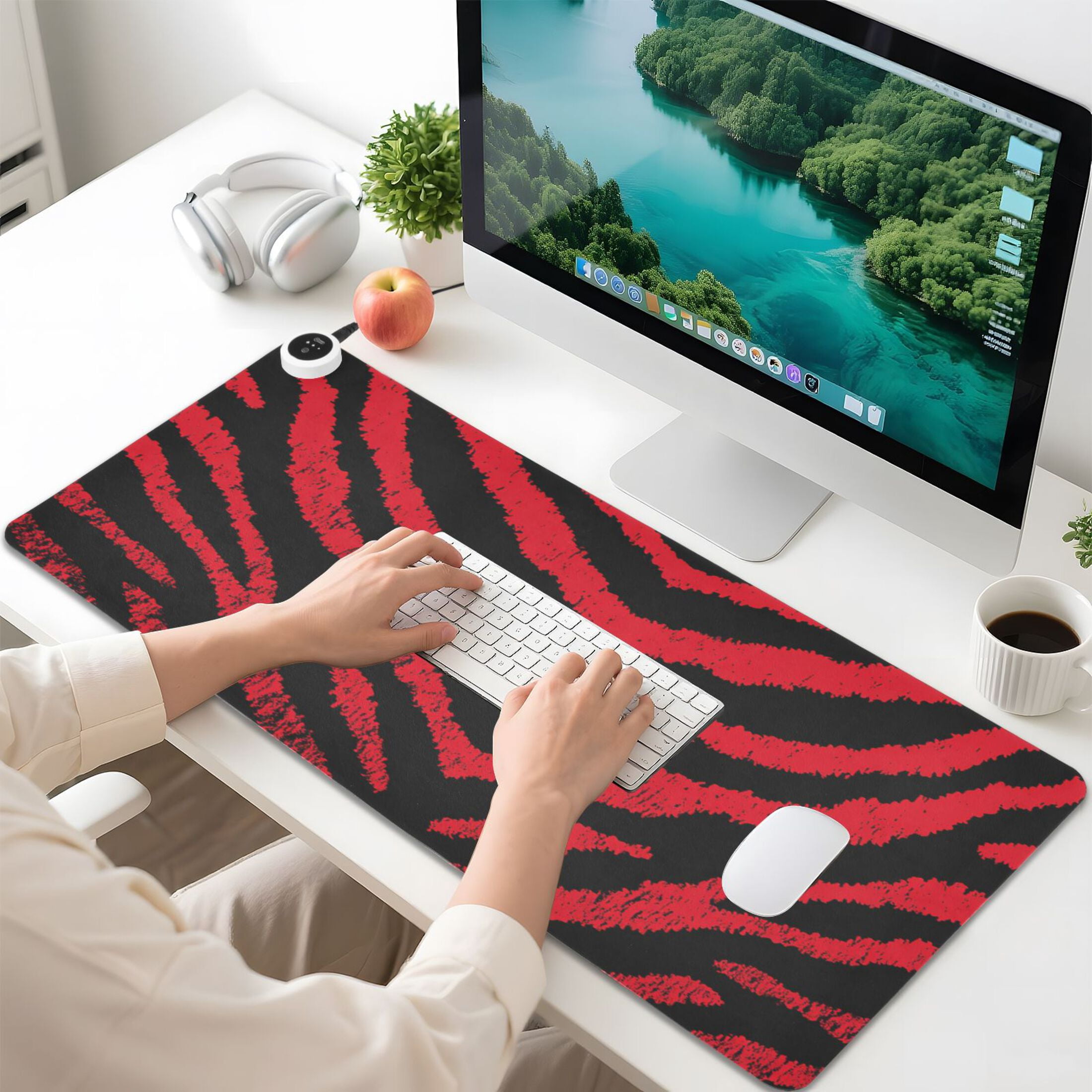 Large Heated Desk Mat Mouse Pad 31.5"x13"PU Leather Graphene Heating Desk Warmer with 3 Temperature Settings 110V US Plug Non-Slip Warm Pad for Home, Office, and Gaming Bold Crimson Chevron Pattern