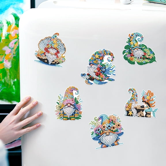 6pcs Diamond Painting Kit Fridge Magnets Gnome DIY Glitter Magnetic Stickers Creative Handmade Fridge Decor Perfect for Kitchen Decor and Holiday Gifts